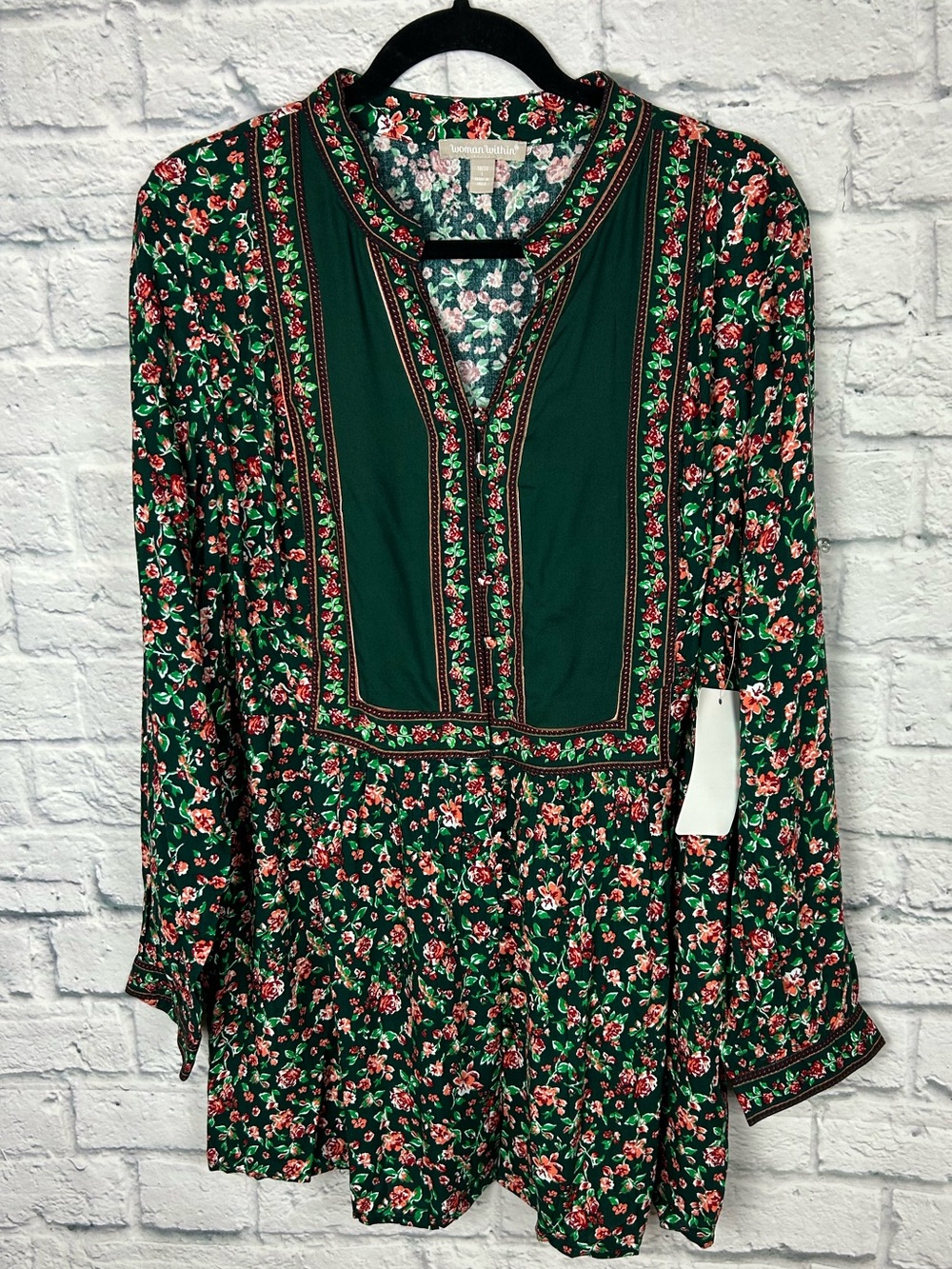 Woman Within 18/20 Green Floral Boho Tunic Top Rayon Bib Front Long Sleeve NWT